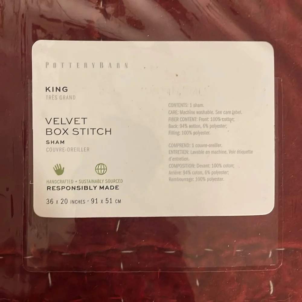 Pottery Barn Velvet Box Stitch King Size Sham - Rich Red set of two - Picture 2 of 8